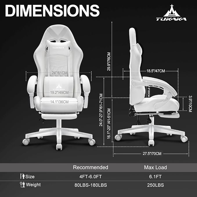 White Gaming Chair,Ergonomic Massage Office Desk Chair with Footrest | Pocket Spring Cushion,Reclining,Thick High Back,Headrest and Lumbar Support,Adjustable Leather Computer Chair Gamer Chair