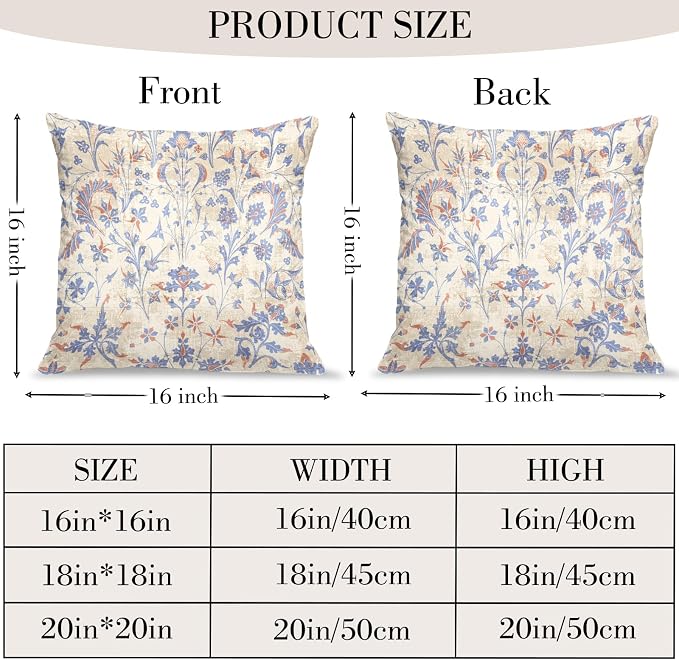Boho Floral Throw Pillow Covers 16x16 inch Set of 2,Cream Boho Rug Geometric Floral Pattern Decor Double Sided Pattern Cushion Cover Soft Pillow Case Living Sofa Room Bed Square Pillow Cover