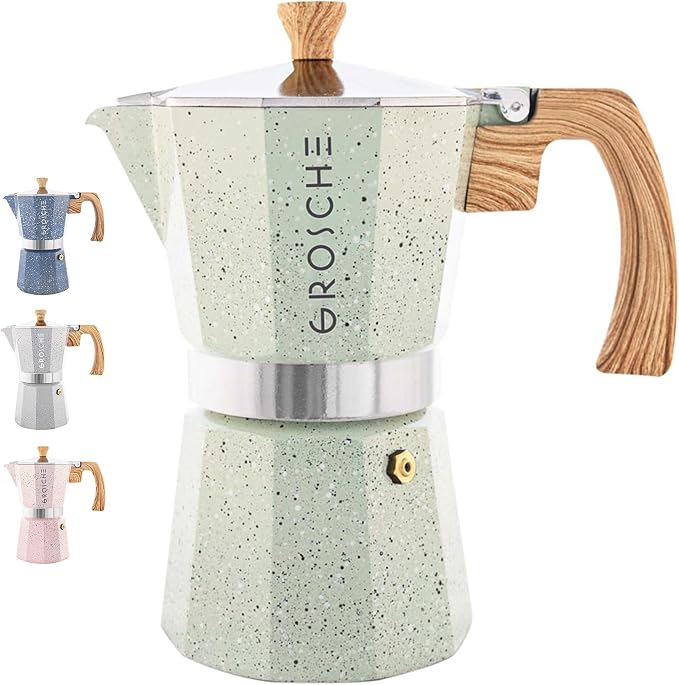GROSCHE Milano Moka pot, Stovetop Espresso maker, Greca Coffee Maker, Stovetop coffee maker and espresso maker percolator (Mint, 9 cup) | Cuban Coffee Maker And Italian Moka Pot For Stovetop Espresso; For Gas, Electric, And Propane Stoves With A Soft-T...