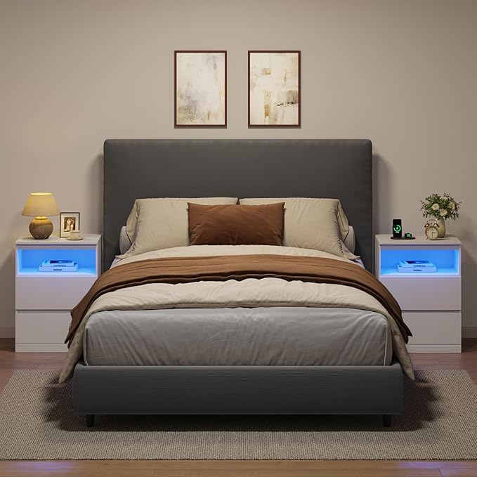 Nightstand with Charging Station and LED Light, 26" H with Hidden Drawer, 3 Drawers, Modern Night Stand for Bedroom, White