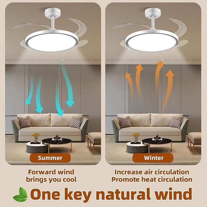 BAYSQUIRREL Slim Retractable Ceiling Fan with Lights and Remote/APP Control, 6 Speed Dimmable Reversible Memory, 42 Inch Modern Silent Smart Fan for Bedroom Living Room Dinning Room