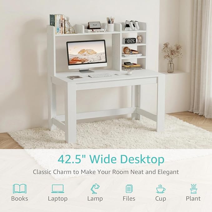 WINAZ White Desk with Hutch and Power Outlet, 43 Inch Small Space Computer Writing Desk with Storage Shelves, Modern Home Office Workstation for Bedroom Dorm
