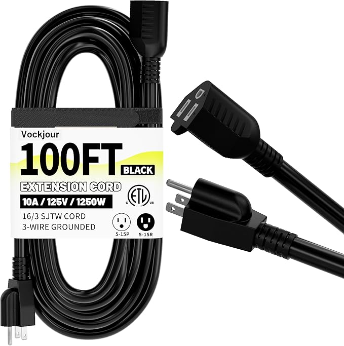16/3 Black Indoor Outdoor Extension Cord 100 Ft Waterproof, Extension Cord with 3 Prong Grounded Plug,10A 1250W 16AWG SJTW, Flexible Weatherproof Power Cable for Offices, Gardens and Lawns