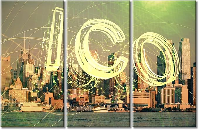 Concept of Blockchain and Bitcoin Pictures Home Decor 3 Panels Crypto Currency City Veiw Background Canvas Wall Art for Bedroom, Living Room, Office. Print on Canvas Framed Ready to Hang (60"Wx40"H)