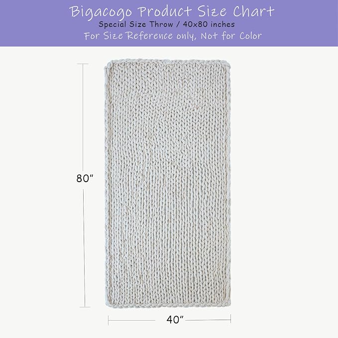 Bigacogo Chunky Knit Throw Blanket for Couch, 40x80 inches, Pure White | Hand Knit with Jumbo Chenille, Soft Breathable Cable Knit for Sofa Bed Living Room, Machine Washable, Gift for Mom Friend