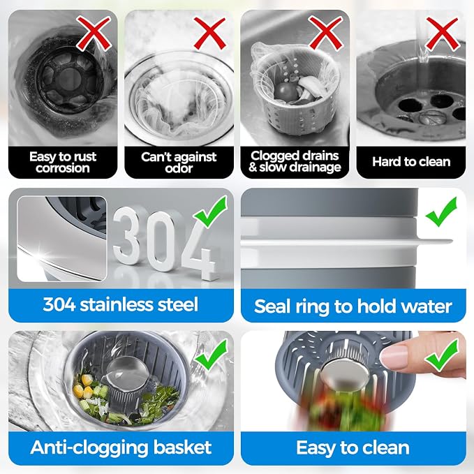 zaa 3 in 1 Kitchen Sink Drain Strainer Stopper Removable Basket Pop-Up | Kitchen Sink Accessories 3 Pack Silver Stainless - Food Catcher, Odor-Blocking Seal, Fits 3.5" Drain, Easy Clean