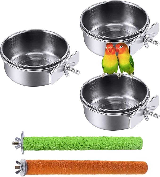 PINVNBY Bird Feeding Dish Cups,5.5x2.0 Inches Parrot Stainless Steel Food Water Dish Perch Stand Platform Paw Grinding Toy Feeder Cage Bowl with Clamp Holder for Budgies Parakeet Macaw(5 Pack L)