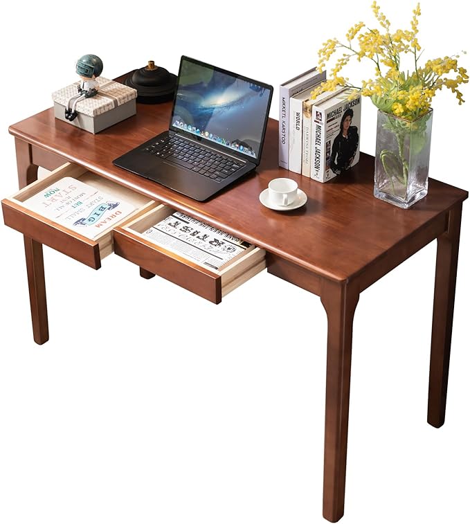 Solid Wood Desk with Drawers, Small Computer Desk for Small Spaces, Gaming Study Home Office Desks for Work, Student PC Desk for Bedroom, Escritorios para Cuartos (Cherry Color, 47inch)