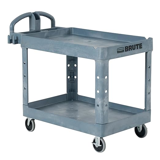 Rubbermaid Commercial Products BRUTE Heavy Duty 2-Shelf Utility/Service Cart, Medium, Lipped Shelves, Ergonomic Handle, 500 lbs. Capacity, Gray, for Warehouse/Garage/Cleaning/Maintenance/Stadiums
