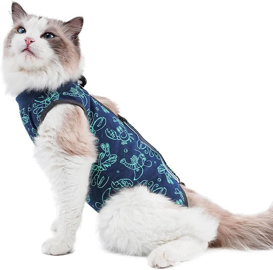 Cat Surgery Recovery Suit Onesie for Cats After Surgery for Surgical Abdominal Wound Or Skin Diseases E-Collar Alternative Wear Neutering Bodysuit Wear (Dark-Blue-M)