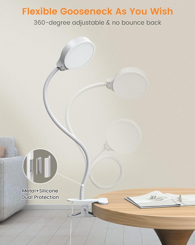 Glocusent 5W Desk Lamp with Remote, 3 Colors & 5 Brightness Reading Lights | Flexible Gooseneck Clip on Lamp, 30-Min Timer Reading Lamp, Perfect Clip on Light for Bunk,Bed,Headboard,Table,Work,Craft