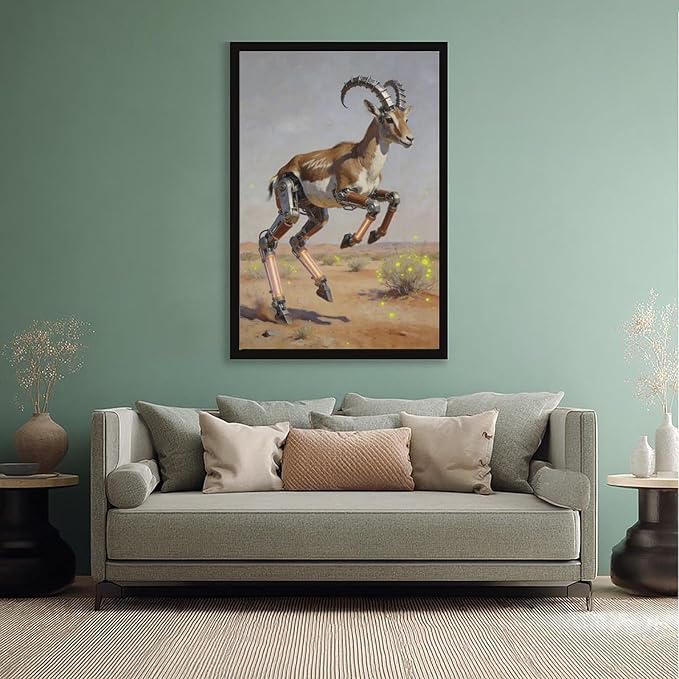 Framed Steampunk Mechanical Antelope Wall Art - Desert Futuristic Poster for Loft Living Room Decor 24x36in