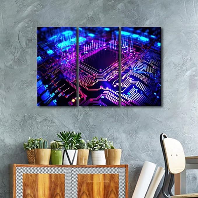 Wall Pictures for Living Room Semiconductor Chip Pictures Canvas Print Circuit Board Wall Art 3 Pieces Framed Art Prints Giclee Gallery-Wrapped Framed Ready to Hang Posters, 42" Wx28 H