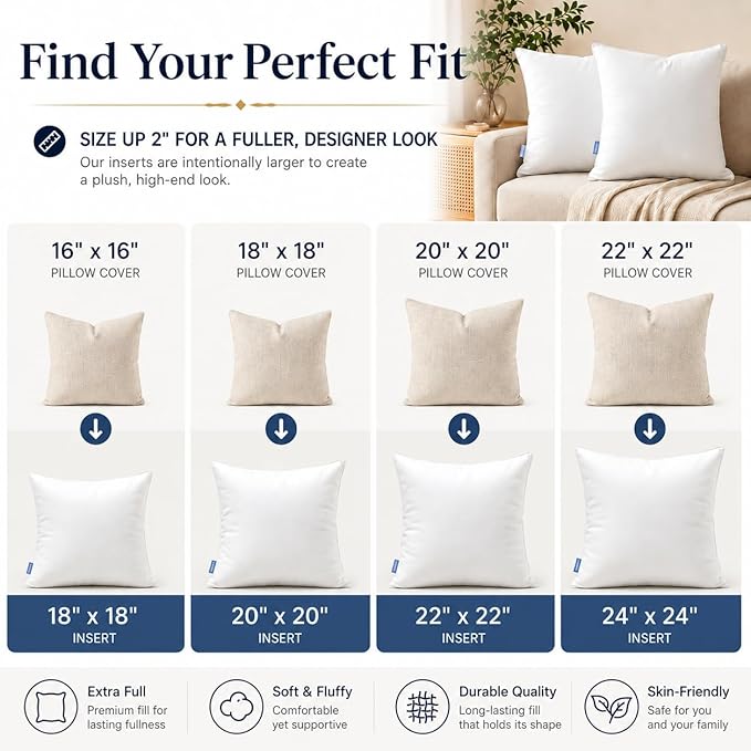 Leeden 16x16 Pillow Inserts Pack of 4, 16 Inch Throw Pillow Inserts, Soft Fluffy Decorative Square Throw Pillows for Couch, Sofa, Bed, and Home Decor White Pillows