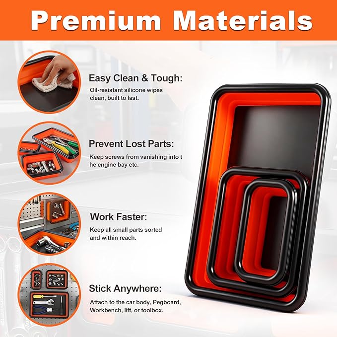 Collapsible Magnetic Parts Tray Set with Extra Strong Magnet Up to 18LB, 3 Different Size Silicone Foldable Tool for Organizing Screw Bolts Nuts Washers Pins and Other Small Metal Parts - Orange