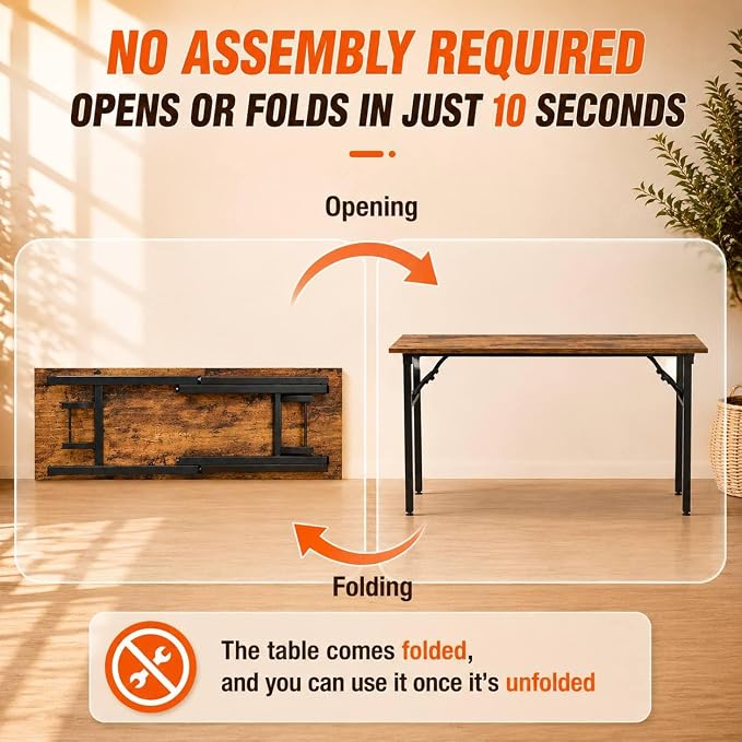 Folding Table Computer Desk - 55.1" No Assembly Folding Desk Design and Foldable Office Desk, Small Desk for Bedroom, Compact Storage Portable Use for Dorm and RV Small Space, Rustic Brown