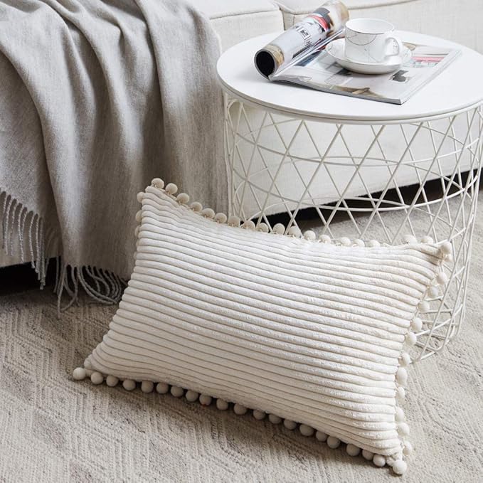 Fancy Homi Pack of 2 Boho Rectangle Decorative Throw Pillow Covers with Pom-poms, Soft Corduroy Accent Solid Cushion Case Set for Couch Sofa Bedroom Car Living Room (14x24 Inch/35x60 cm, Cream)