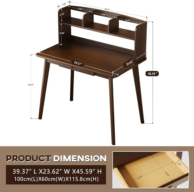 IOTXY Small Writing Desk with Hutch - 39.4" Work Computer Study Table | Black Walnut, Storage Drawer, Space-saving for Home and Office, with Bookshelves