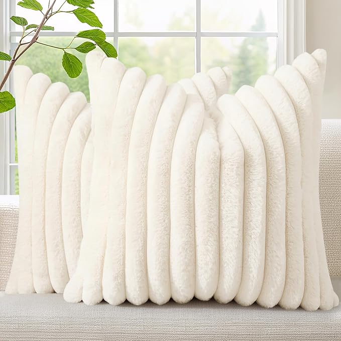 decorUhome Fall Faux Fur Throw Pillow Covers 20x20 Set of 2 Cream White | Decorative Soft Cozy Striped Plush Modern Farmhouse Boho Couch Pillow Cases Velvet Back for Sofa Bed Living Room Home Decor