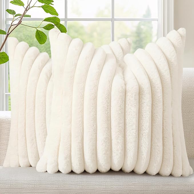decorUhome Fall Faux Fur Throw Pillow Covers 24x24 Set of 2 Cream White | Decorative Soft Cozy Striped Plush Modern Farmhouse Boho Couch Pillow Cases Velvet Back for Sofa Bed Living Room Home Decor
