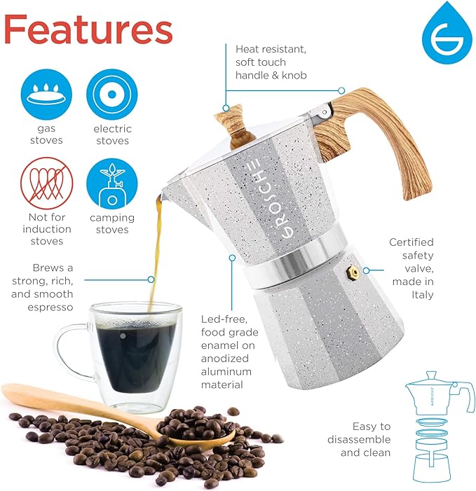 GROSCHE Milano Moka pot, Stovetop Espresso maker, Greca Coffee Maker, Stovetop coffee maker and espresso maker percolator (Grey, 9 cup) | Cuban Coffee Maker And Italian Moka Pot For Stovetop Espresso; For Gas, Electric, And Propane Stoves With A Soft-T...