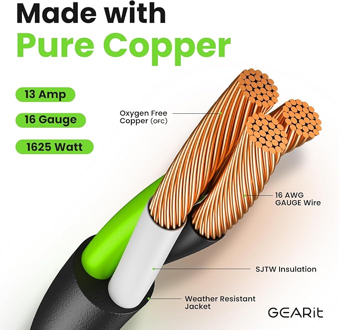 GEARit 100 Ft Extension Cords 16/3 Gauge 360° Rotating Plug Outdoor/Indoor SJTW 16 AWG 3 Prong Heavy Duty Power Cable 13A 125V 1625W for Lawn, Garden, Appliances Black