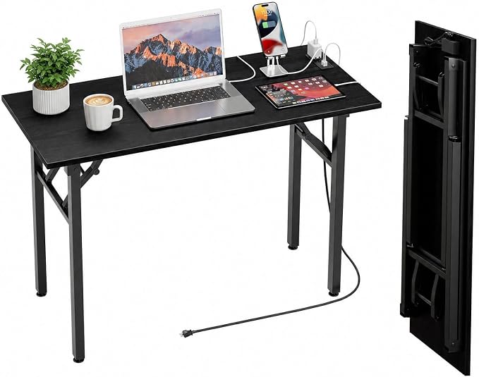 Folding Table Computer Desk - 43.3" No Assembly Folding Desk with Power Outlets & USB Charging Port, Small Desk, Foldable Office Desk, Compact Storage Portable Use for Small Space, Dark Oak