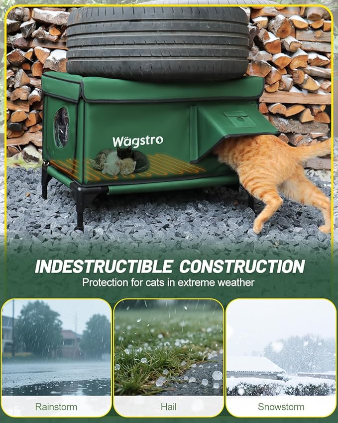 Heated Cat House for Outside, Insulated Weatherproof Heated Outdoor Cat House with Waterproof Eaves & Escape Door, Elevated Outdoor Cat Shelter for Feral Stray Cat (Green, 16.5"x12.6"x16.9")
