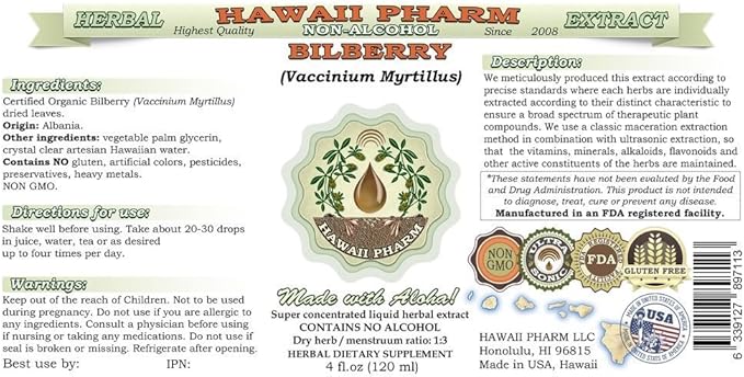 Bilberry Alcohol-Free Liquid Extract, Organic Bilberry (Vaccinium myrtillus) Dried Leaf Glycerite Hawaii Pharm Natural Herbal Supplement 15x4 oz