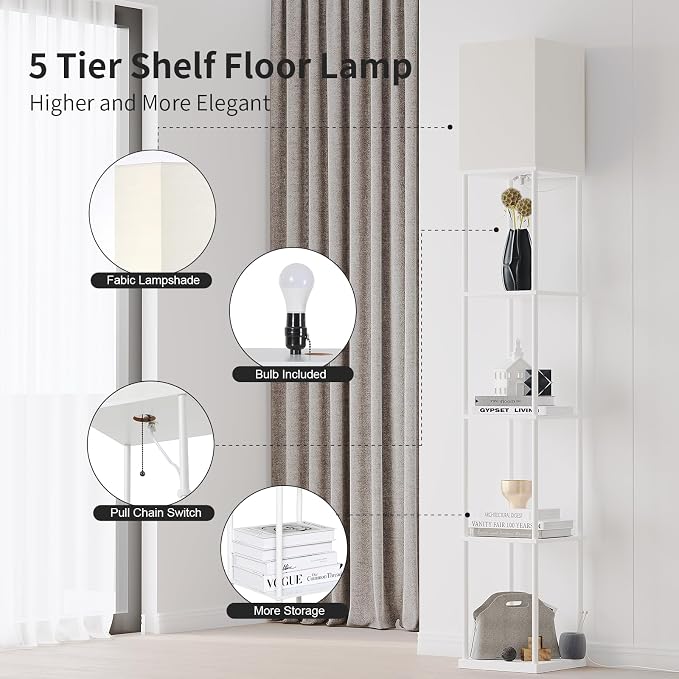 SUNMORY 5 Tier Floor Lamp with Shelves, Modern Square Standing Lamp with 3 Color Temperature Bulb, Corner Display Bookshelf Lamp for Living Room and Bedroom, Tall Shelf Floor Lamp White