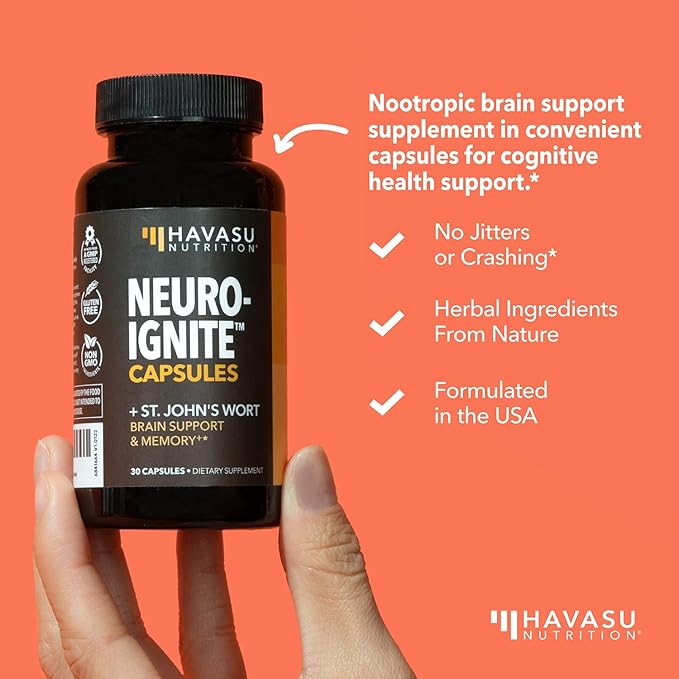 NeuroIGNITE Brain Supplement for Cognition - 60 Count - Cognitive Support with St. John's Wort, Ginkgo Biloba, Bacopa, Phosphatidylserine and Nootropics - Non-GMO Capsules, 2-Month Supply