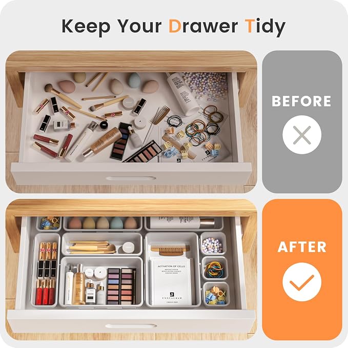 【Military Grade】A-LuGei Drawer Organizer,【】Makeup organizer,【Holds 177 Items】Bathroom Organizers and Storage,Organization and Storage,Desk Drawer Organizer for Vanity【White】