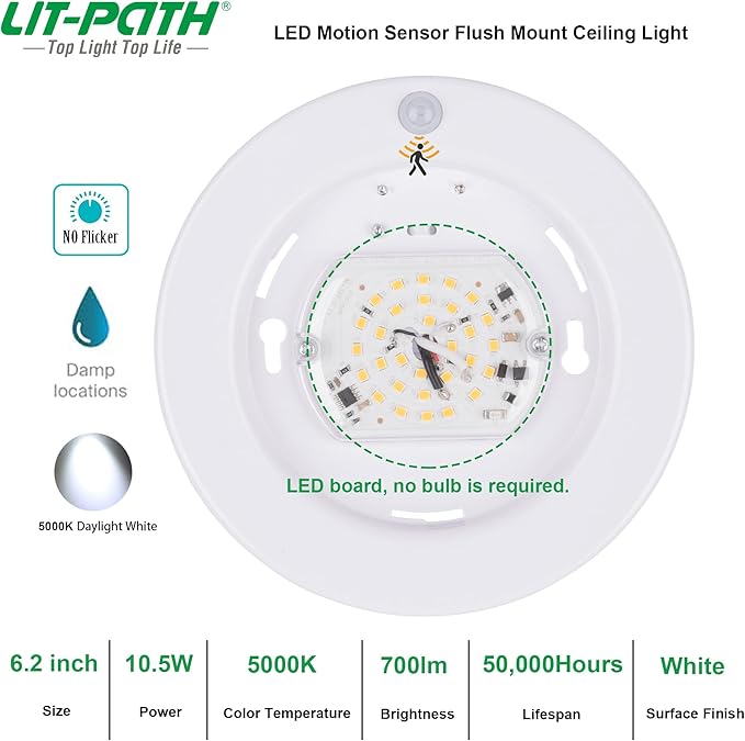 LIT-PaTH LED Flush Mount Ceiling Light, Closet Lighting Fixture with Motion Sensor, 10.5W, 700 Lumen, 6.2 Inch, Anti-Rust Galvanized Housing, White Finish 5000K 1-Pack