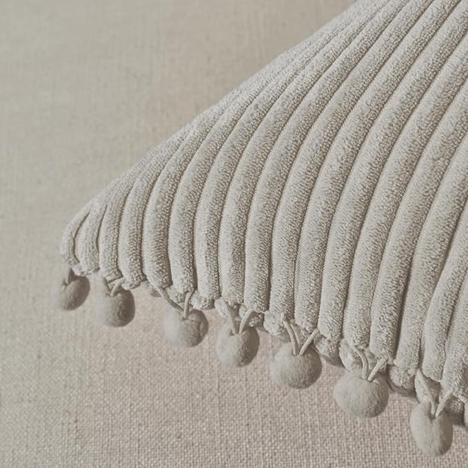 Fancy Homi 2 Packs Neutral Taupe Decorative Throw Pillow Covers 20x20 Inch with Pom-poms for Couch Bed Sofa, Aesthetic Modern Organic Farmhouse Boho Home Decor, Soft Corduroy Cute Accent Cushion Case