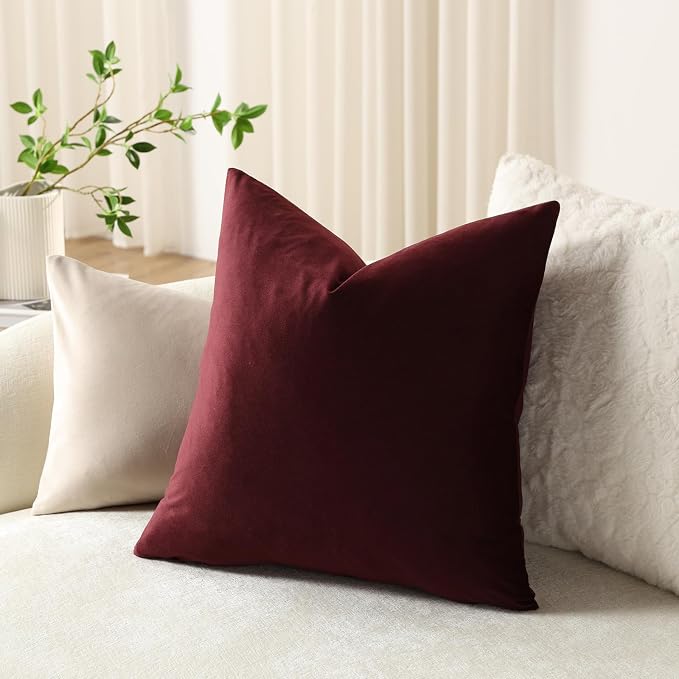 Euro Sham Covers 26x26 Burgundy: Pack of 2 Cozy Soft Velvet Square Modern Luxury Decorative Throw Pillow Cases for Sofa Couch Living Room Bed Home Decor