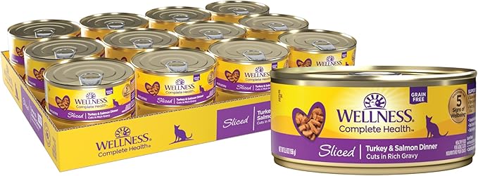 Wellness Complete Health Sliced Adult Wet Cat Food, Natural, Protein-Rich, Grain Free, 5.5 Ounce, 24 Pack, (Turkey & Salmon Entrée)