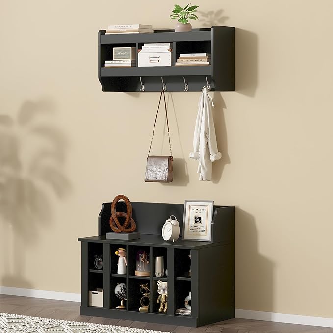AMNOOL Modern Hall Tree with Shelves and 4 Hooks with Wall Mounted Coat Rack Shoe Storage Bench with Ten Storage Compartments Adjustable Shelves for Hallway, Foyer, Mud Room (Black)