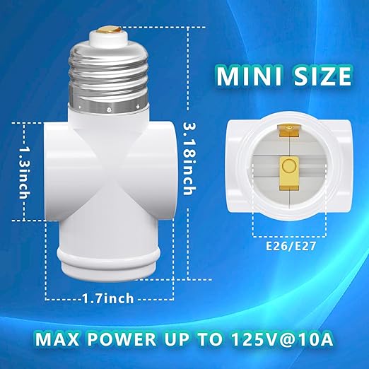 Light Socket Adapter, Convert E26 Light Socket to 3-Prong Outlet Adapter and Light Bulb Socket, 1 Pack(White)