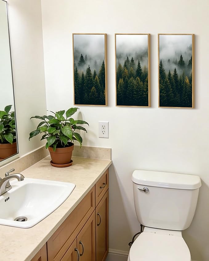 KUVIOKE Nordic Forest Wall Art Framed Misty Pine Tree Modern Prints Ready To Hang for Bedroom 8x16in3pcs Natural Framed