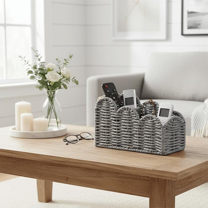 CubesLand Bedside Table Desk Organizer Caddy, Remote Pen&Pencil Holder Cup | Makeup Brush Holder w/Scalloped Perfect for Home, Office Desk, Living Room Table Decor, 3 Slots Grey