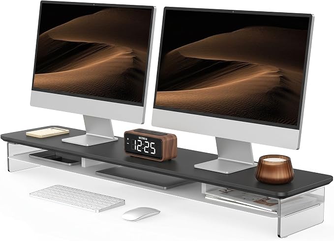Fenge 42.5" Dual Monitor Stand with Clear Acrylic Legs, Black | Clear acrylic, storage compartment, 2-tier home office monitor riser, wide large desktop shelf fit monitor/laptop/printer