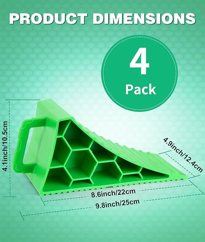 PAHTTO Wheel Chocks 4 Pack, RV Chocks with Handles for RV Trailer Camper Car Truck, Wheel Block Stopper for Tire, Strong RV Wheel Chocks Hexagonal Honeycomb Structure, RV Trailer Accessories, Green