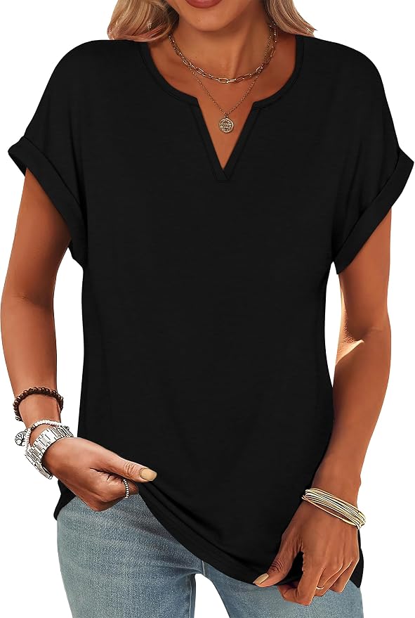 Womens Tops Dressy Casual V Neck Rolled Sleeve T Shirts Fashion Clothing Business Casual Outfits Beach Vacation Clothes