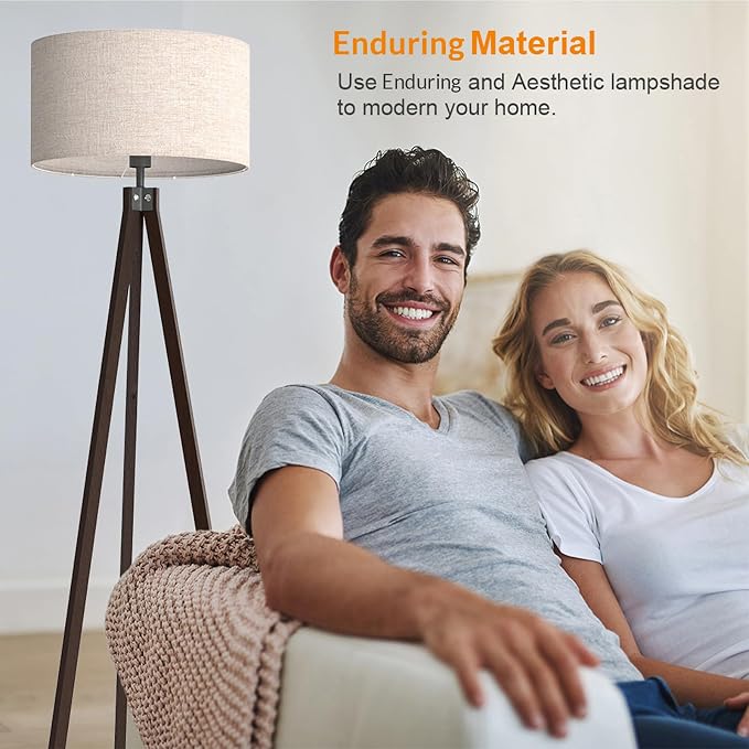 LEPOWER Tripod Floor Lamp Mid Century Modern Standing Lamps for Living Room | Light-Diffusing Linen Shade, Premium Rubberwood Tripod with E26 Base, Adding Warmth to Bedroom, Office & Study Corner Walnut