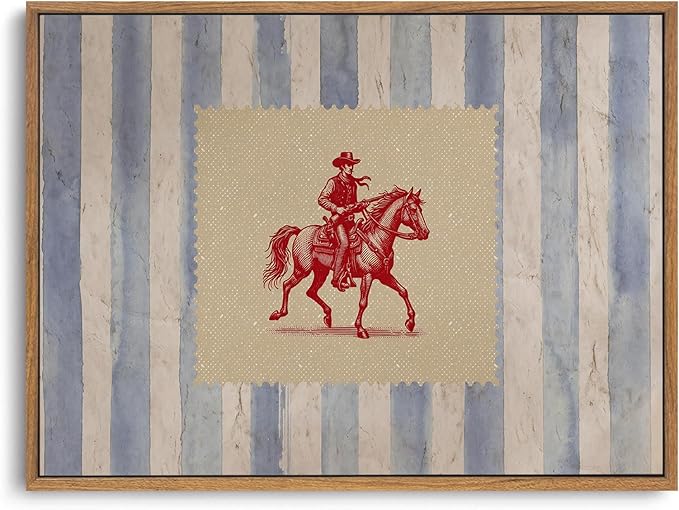 ZZLWBKGL Western Wall Decor Cowboy Canvas Art Vintage Framed Wall Art | Country West Stamp Artwork Mid Century Aesthetic for Living Room Bedroom 16x24in