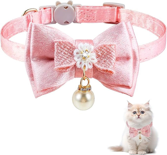 Cat Collar Breakaway, Cat Collar with Pearl Pendant Quick Release Safe Buckle Pink Bowtie Adjustable Baby Kitten Collars Cute Cat Collar for Girl Cat (Style1)