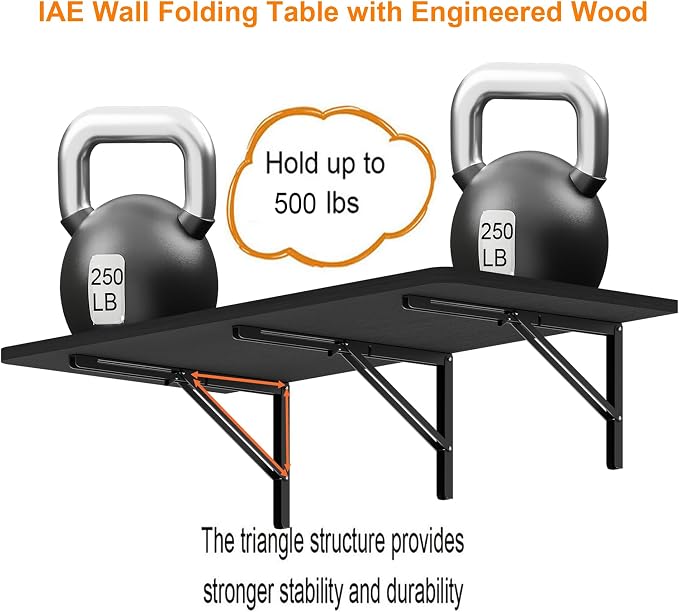 IAE 48x22in Floating Fold Desk,Wall-Mounted Folding Computer Table,Black | Study Table with Shelf Brackets,Foldable Down Shelf with Engineered Wood,Fold Computer Desk for Small Apartment,Holds 500 lb