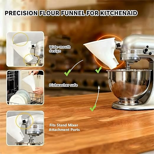 Flour Funnel for KitchenAid Stand Mixer Attachments and Accessories 3 in 1 Baking Set with Measuring Spoons Spatula for 4.5‑5 Qt Mixers