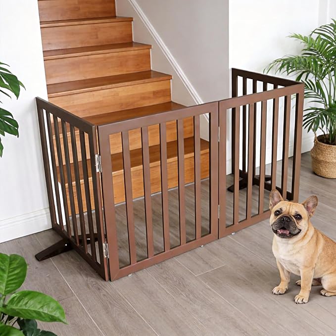 ZJSF Freestanding Indoor Dog Gate for House Foldable Wood Puppy Gate for Doorways Pet Gate for Stairs Extra Wide Pet Fence, Brown, 24" Height 4 Panels