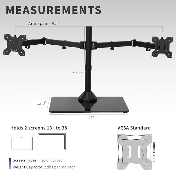 VIVO Freestanding Dual Ultrawide Monitor Stand with Sleek Glass Base and Adjustable Arms, 2 Screens up to 38 inches and 22 lbs Each, Black, STAND-V038FG